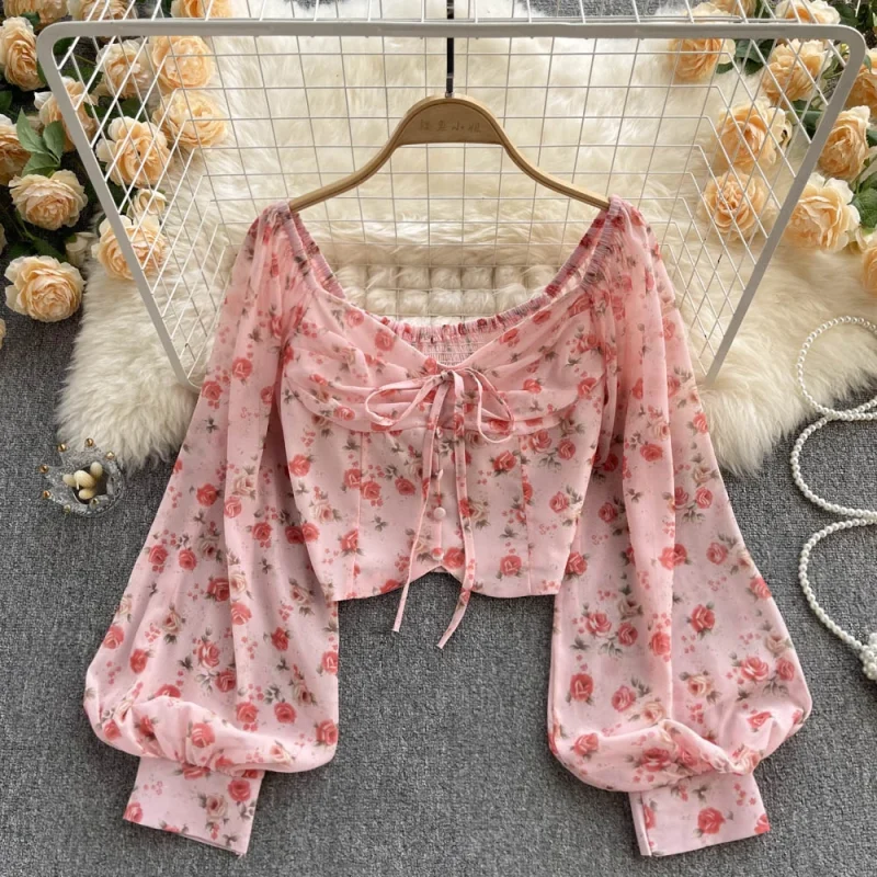 Bohemian Floral Ruched Slim Blouse