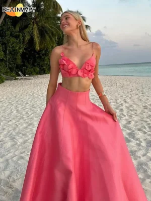 Pink Floral Crop Skirt Set