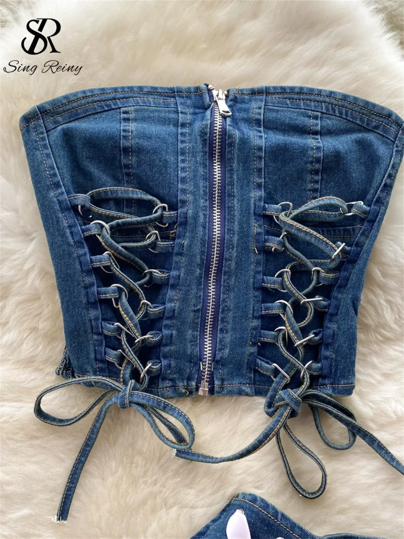 Denim Y2K Strapless Top and Mini Culottes Set - Image 3