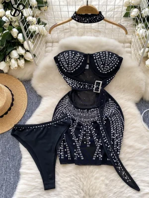 Strapless Diamond Mesh Mini Dress