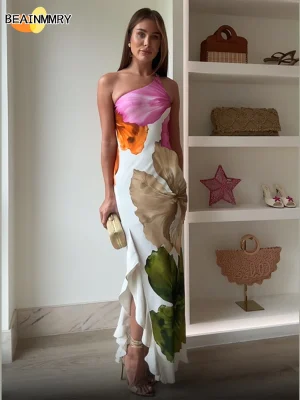 Printed Off-Shoulder Irregular Neck Gown