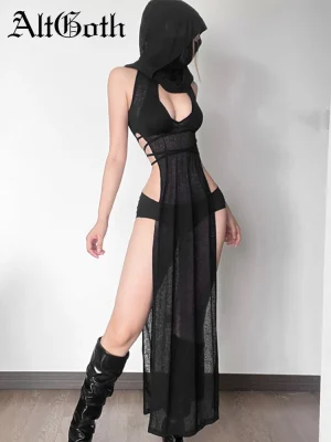 Dark Gothic Hooded Knit Dress Y2K Cyberpunk
