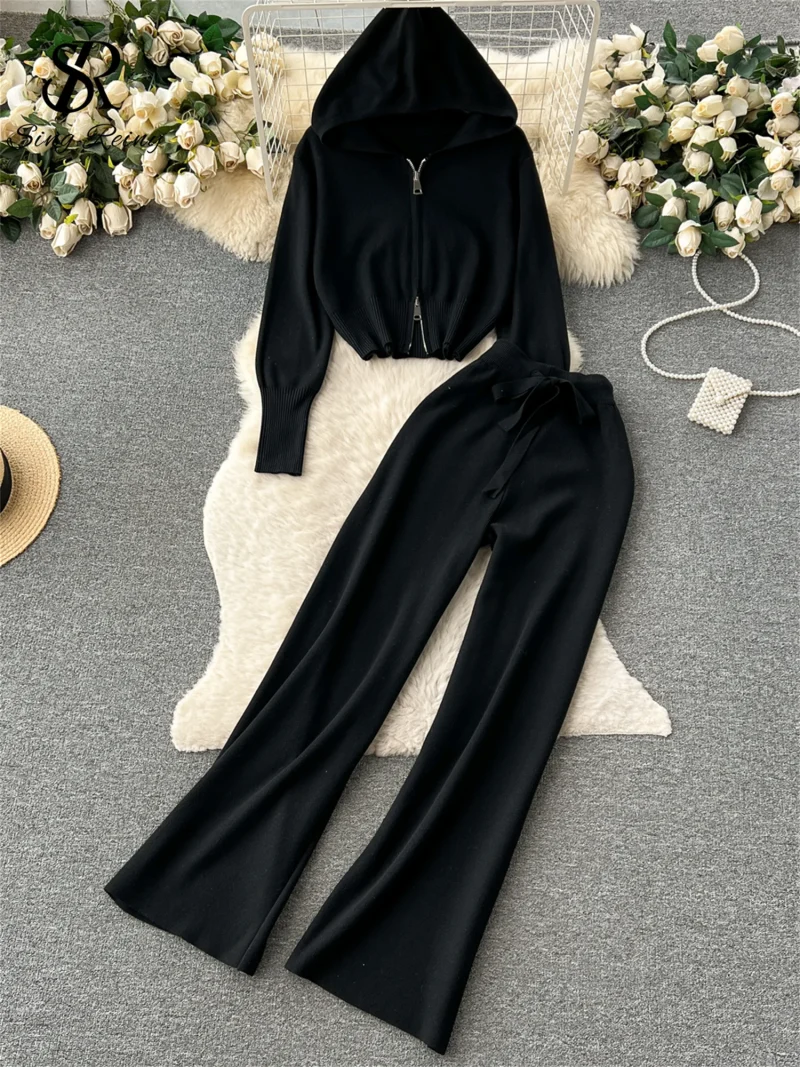 Casual Sports Knit Hoodie and Pants Set - Image 3