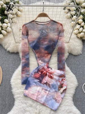 Tie-Dye Transparent Bodysuit & Mini Skirt Set