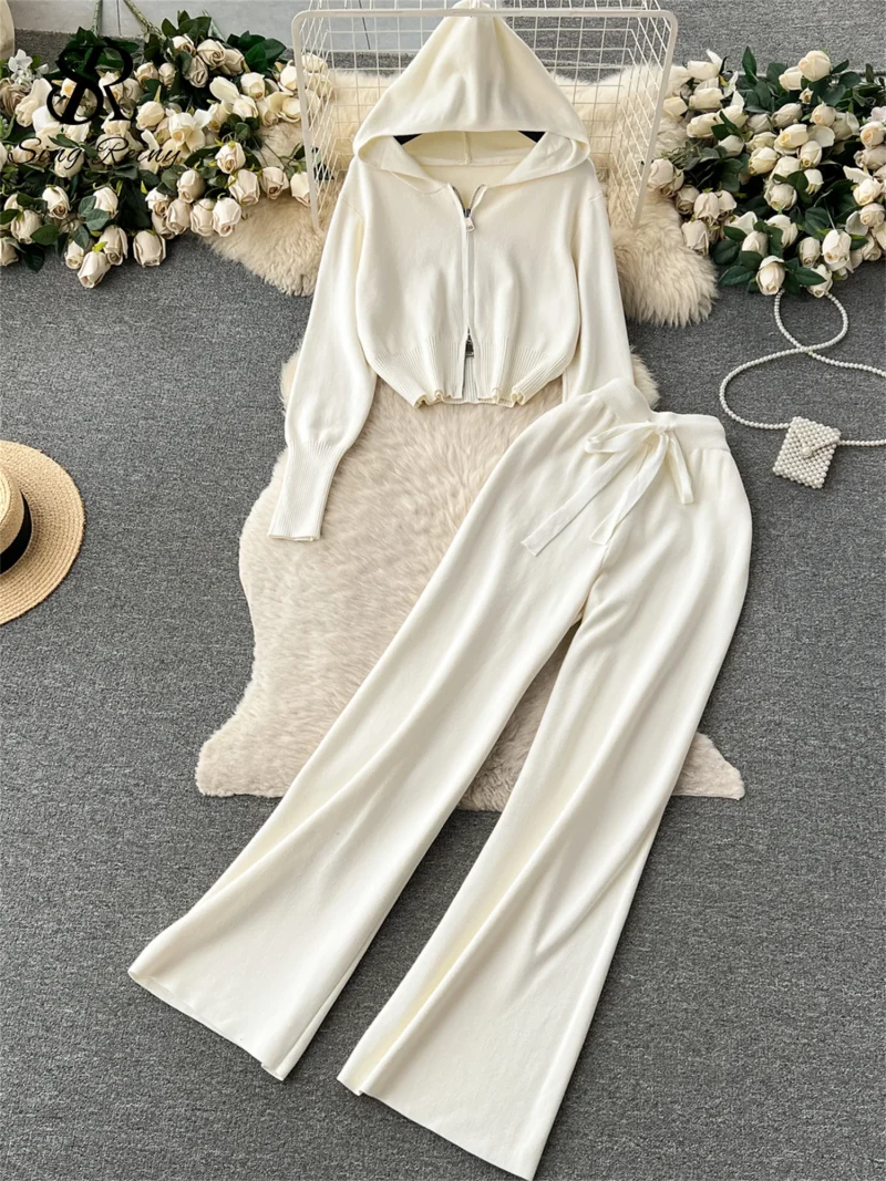Casual Sports Knit Hoodie and Pants Set - Image 2