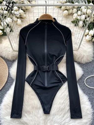 Sexy Stand Collar Zipper Playsuit