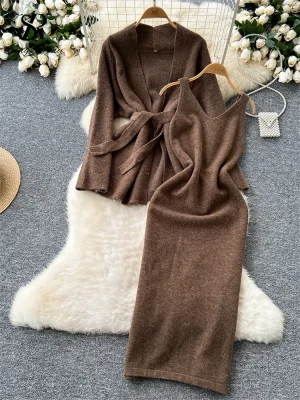 Winter Knitted Dress and Cardigan Set for Women