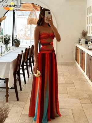 Tie-Dye Gradient Off-Waist Long Dress