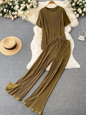 Pleated Solid Two-Piece Set Women