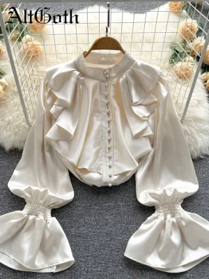 Fairycore Satin Ruffle Blouse Elegant Office Style