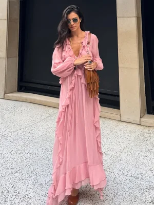Elegant Pleated V-Neck Maxi Robe Dress