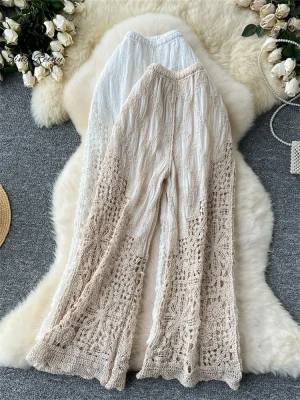 Korean Embroidered Knit Wide Leg Pants