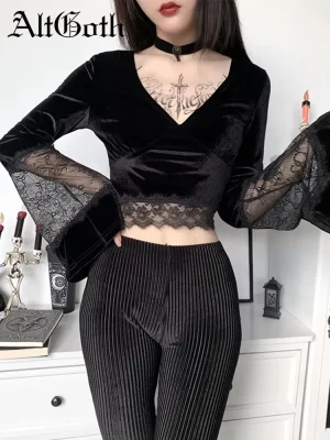 Dark Goth Lace Patchwork Flare Sleeve Tee