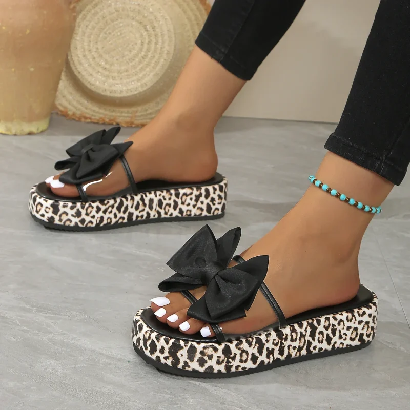 Leopard Bow Thick Sole Sandals - Image 3