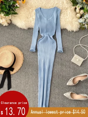 Autumn Knit V Neck Bodycon Dress