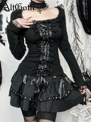 Aesthetic Goth Lace Patchwork Crop Tee