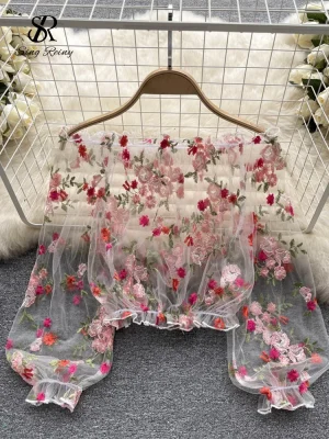 Mesh Embroidery Puff Sleeve Blouse
