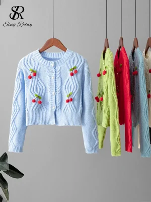 3D Cherry Knit Sweater with Pearl Buttons