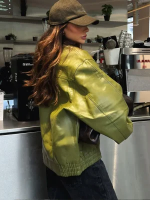 Green PU Leather Lapel Jacket
