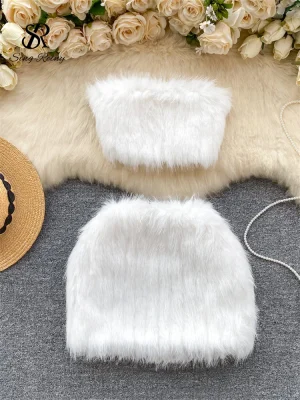 Feather Strapless Top and Mini Skirt Set