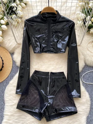 PU Leather Moto Biker Two-Piece Set