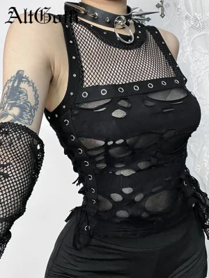 Mall Gothic Lace-up Crop Tank Top Cyber Punk Style