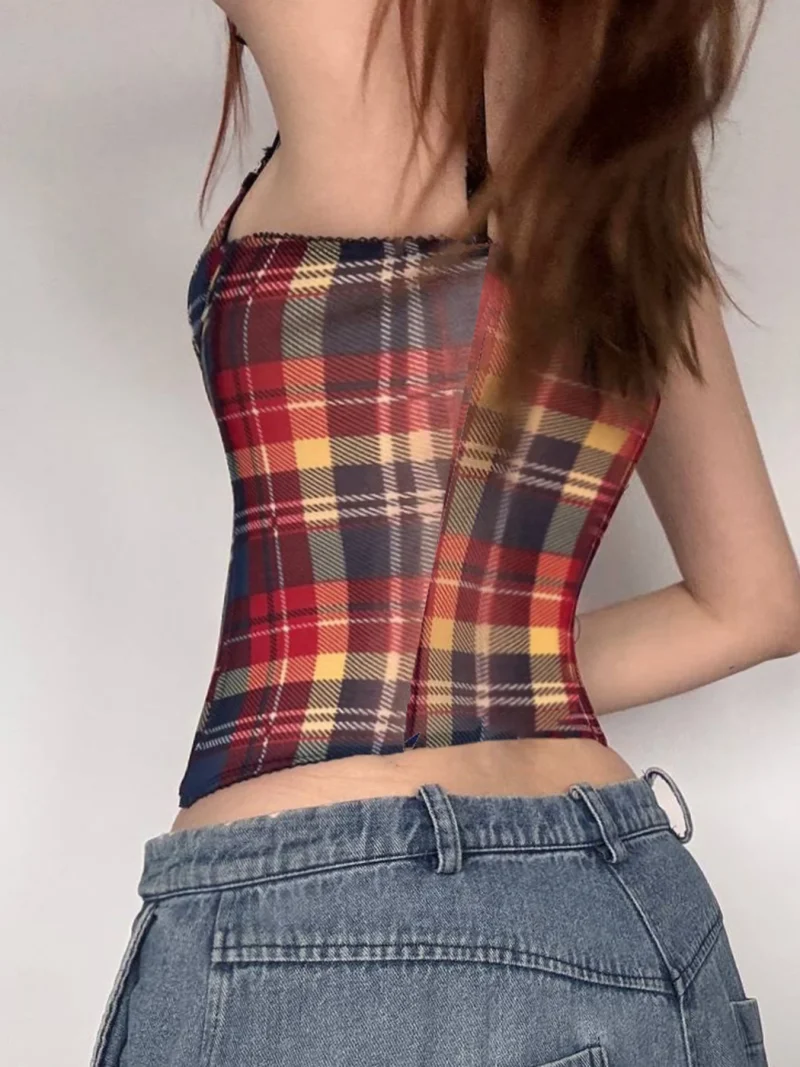 E-girl Plaid Lace Camis Vintage Street Style - Image 4