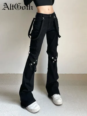 Straight Pants with Metal Buckle Y2K Streetwear