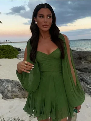 Green Chiffon Ruffle Mini Dress