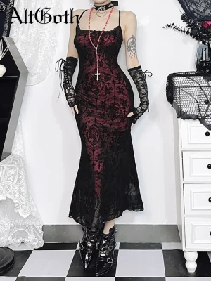 Vintage Goth Cross Pattern Spaghetti Strap Party Dress