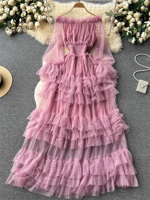 Off Shoulder Polka Dot Mesh Maxi Dress