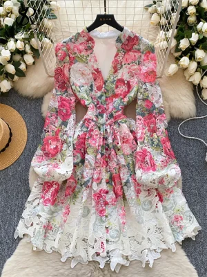 Spring Floral V Neck A-Line Dress