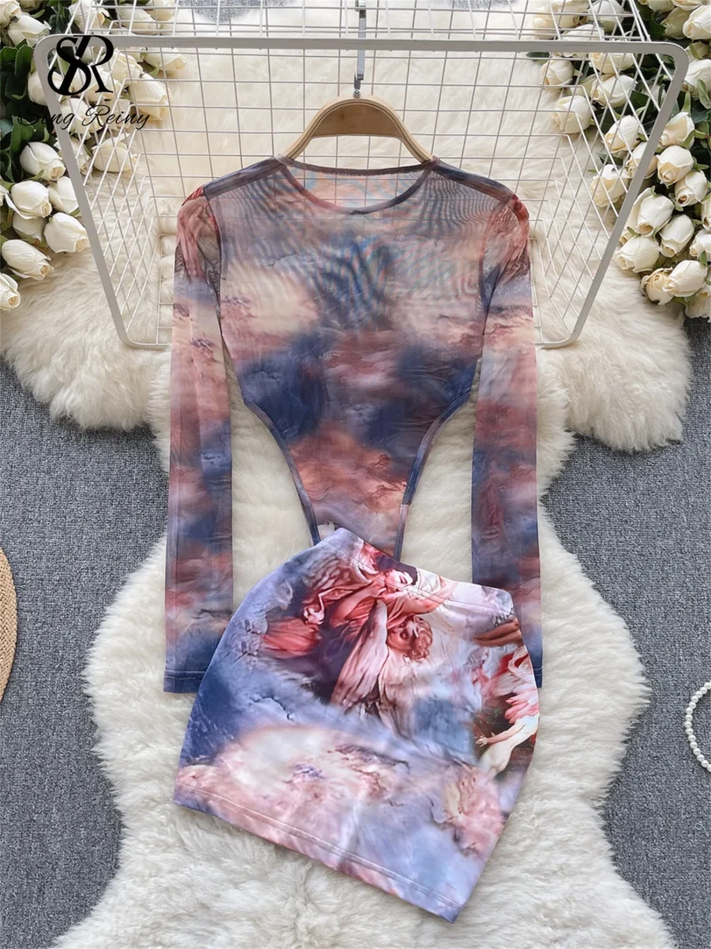 Tie-Dye Transparent Bodysuit & Mini Skirt Set - Image 2