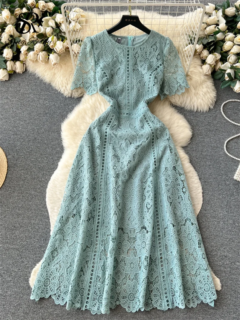 French Vintage Lace Embroidered Long Dress