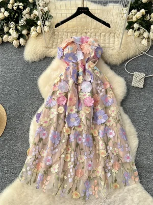 Embroidery Evening Strapless Sleeveless 3D Floral Sundress