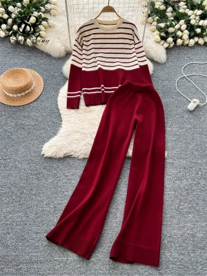 Striped Sweater Two Piece Set for Autumn