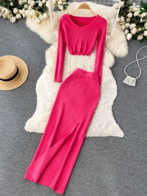 Autumn Knit Sweater & Slim Split Skirt Set