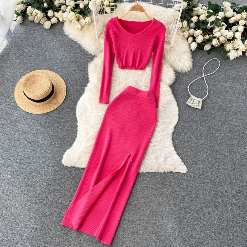 Autumn Knit Sweater & Slim Split Skirt Set