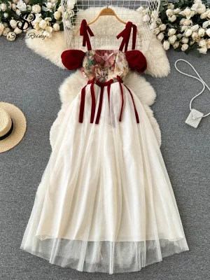 Retro Embroidered Mesh Camis Dress