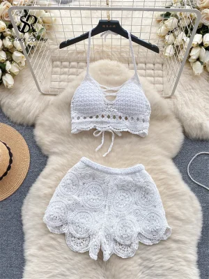 Knitted Beach Set Backless Camis Hollow Out Shorts