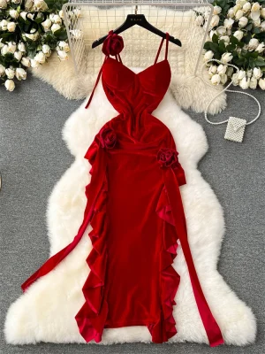 Velvet 3D Flower Split Dress