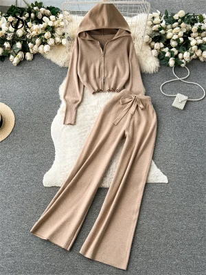 Casual Sports Knit Hoodie and Pants Set
