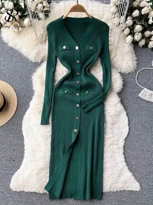 Winter V Neck Knit A-Line Midi Dress