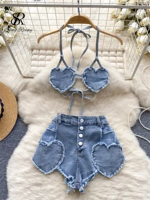 Halter Sleeveless Backless Love Tops+High Waist Button Shorts
