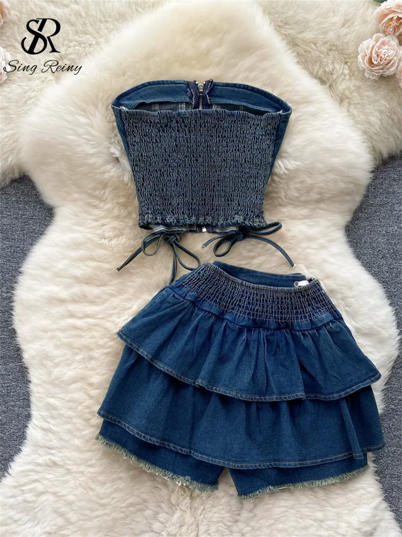 Denim Y2K Strapless Top and Mini Culottes Set - Image 2