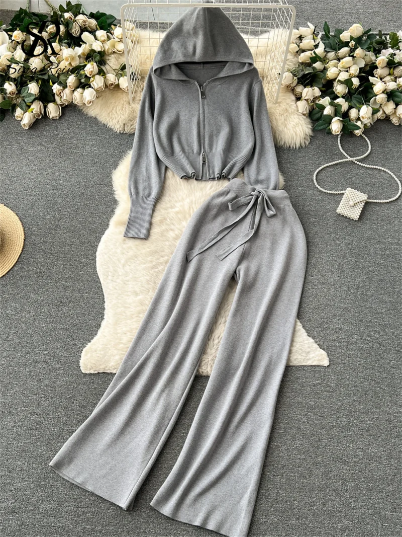 Casual Sports Knit Hoodie and Pants Set - Image 4