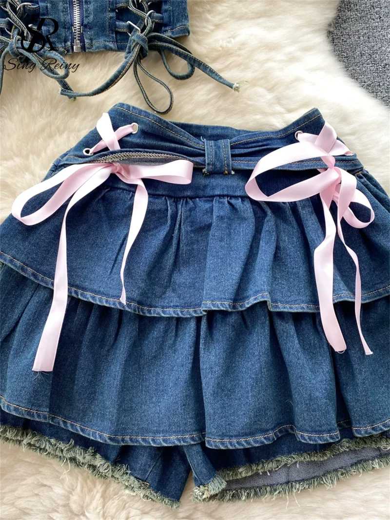 Denim Y2K Strapless Top and Mini Culottes Set - Image 4