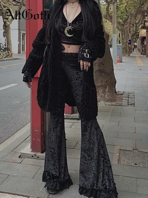 Punk Gothic Lace Flare Pants Vintage Grunge