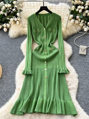 Autumn V Neck Knitted Office Dress