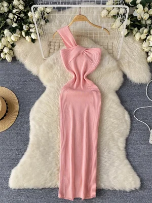 One Shoulder Striped Knit Bodycon Dress